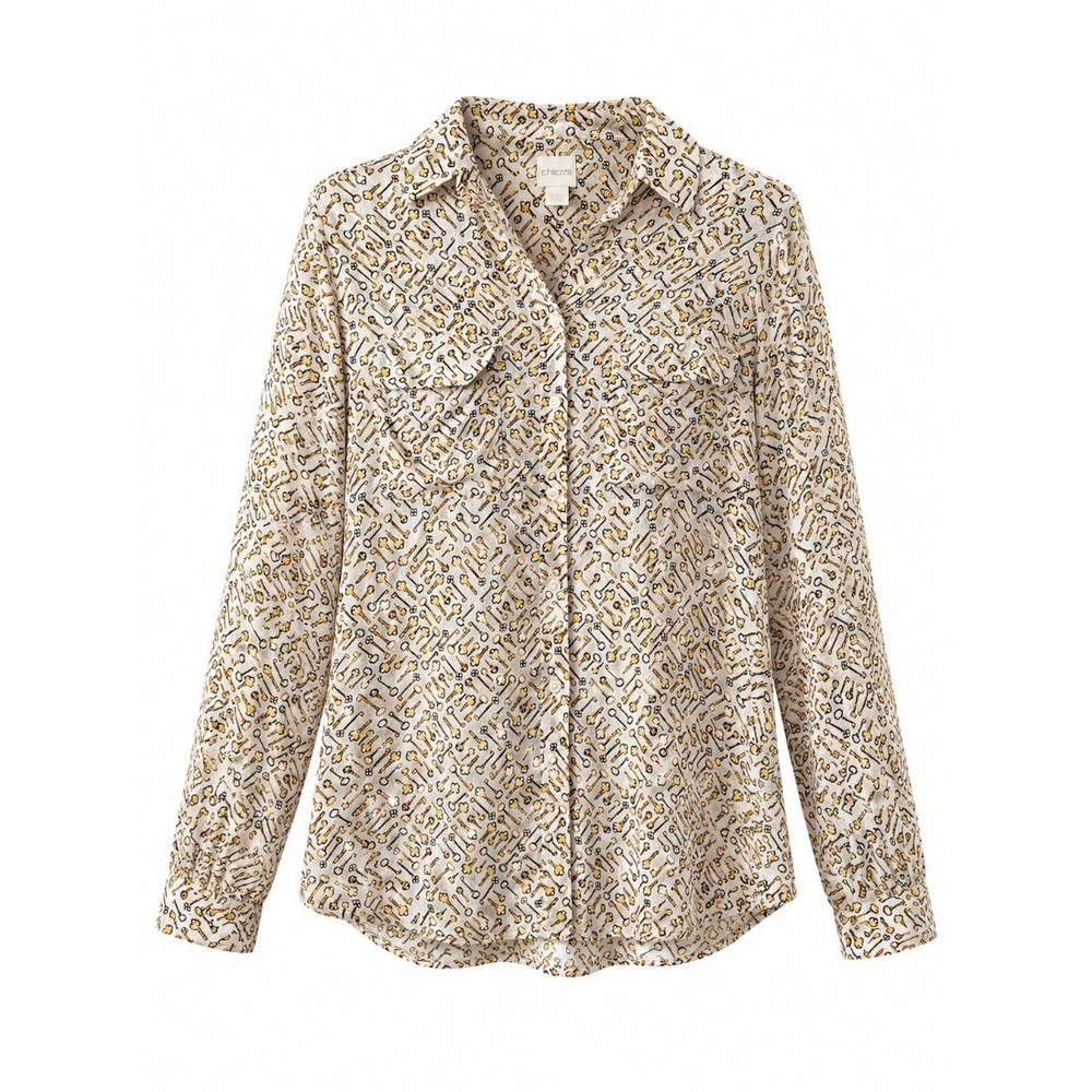 Chicos‎ Womens Blouse Shirt White Gold Key Print 100% Viscose Button Up Size 2 L